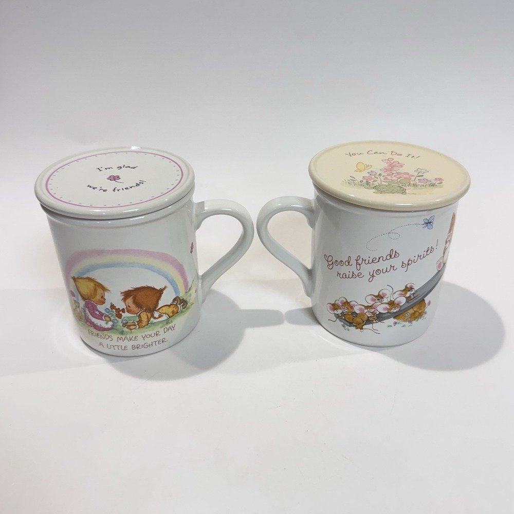 Vintage 1983 Hallmark Mug Mates Coffee Cup Lot of 2 w Ceramic Coasters Tops Lids